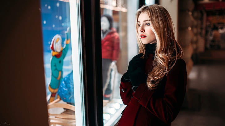 Alice Tarasenko, women, model, outdoors, scarlet coat, Ivan Proskurin, HD wallpaper