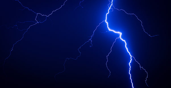 4K, Thunderstorm, Night, Lightning, Blue, HD wallpaper HD wallpaper