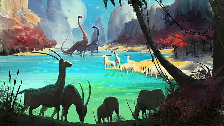 цифровое искусство природа живая природа озеро динозавры фэнтези искусство животные доисторическая концепт-арт видеоигры пейзаж рога деревья олень лианы No Mans Sky forest, HD обои