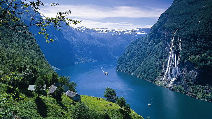 naturaleza, geirangerfjord, cascada de siete hermanas, fiordo, noruega, estación de la colina, geiranger, montaña, cascada, Fondo de pantalla HD