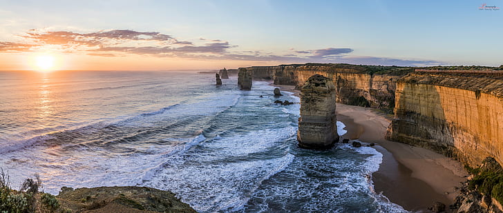 in distance photo of rock monolith and body of water, The Twelve Apostles, distance, photo, rock, monolith, body of water, The  Twelve  Apostles, australia, panorama, panoramic, sunset, de, sunrise, nikon  d750, high  resolution, highres, water  sky, amazing, nature, fondo, screensaver, desktop, windows, tamron, stich, f2.8, creative  commons, fullhd, sea, cliff, coastline, landscape, beach, water, scenics, rock - Object, HD wallpaper