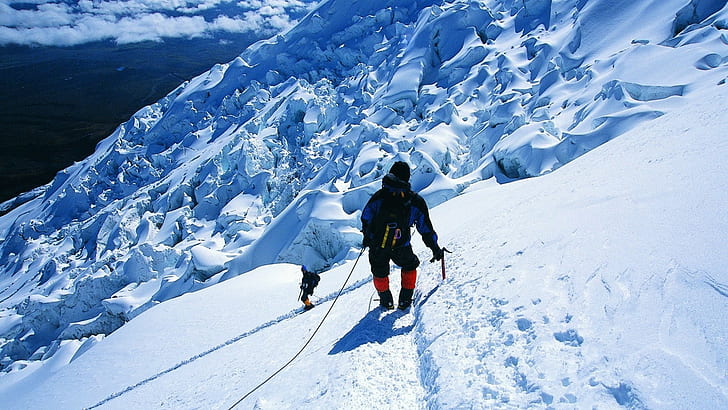 Alpiniste, neige, montagnes, sommet, conquête, Fond d'écran HD
