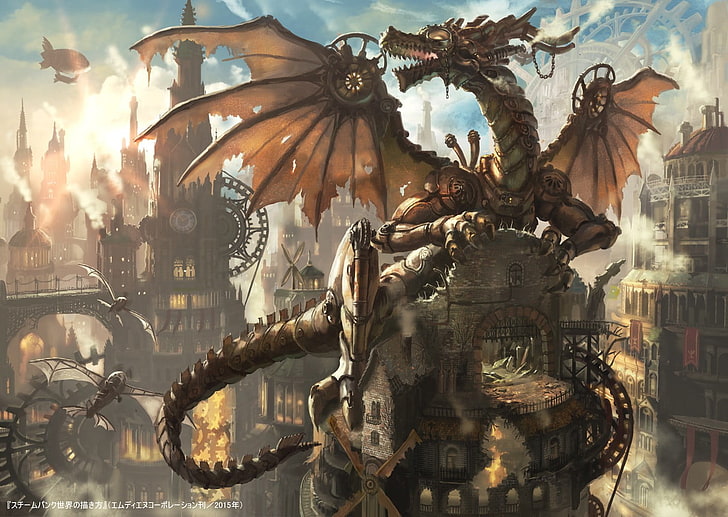 brown dragon illustration, clockworks, steampunk, HD wallpaper