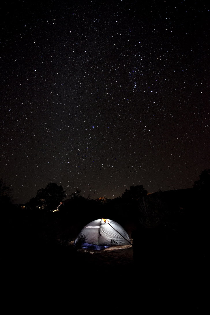 white dome tent, tent, starry sky, camping, night, HD wallpaper