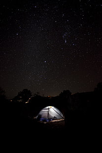biały namiot kopułowy, namiot, gwiaździste niebo, kemping, noc, Tapety HD HD wallpaper
