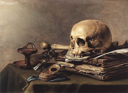white skull and book painting, vanitas, bones, skull, fantasy art, HD wallpaper HD wallpaper