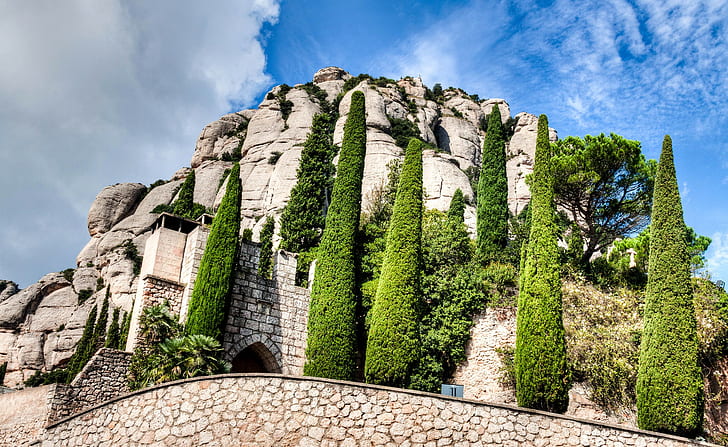 Montserrat, Catalonia, Spain, green leaf trees, Spain, sky, clouds, trees, monastery, mountain, Montserrat, Catalonia, HD wallpaper