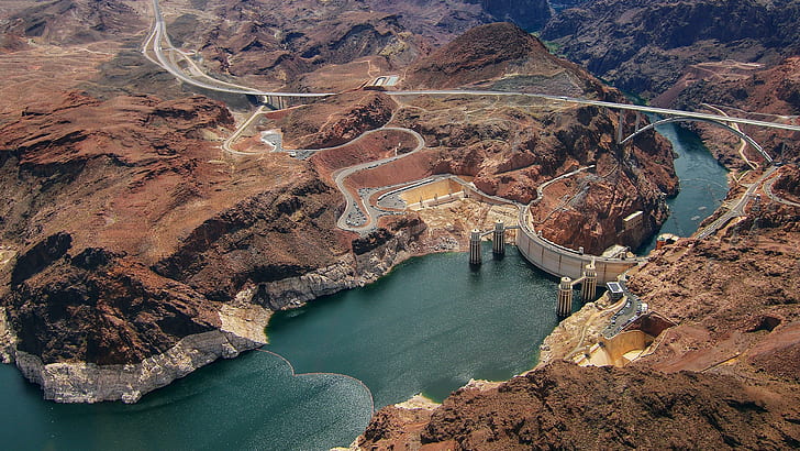 hoover dam, nevada, united states, aerial view, colorado river, river, dam, aerial photography, HD wallpaper