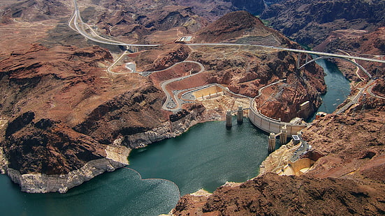 hoover dam, nevada, united states, aerial view, colorado river, river, dam, aerial photography, HD wallpaper HD wallpaper