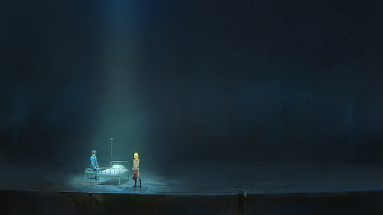 illustrazione della struttura del letto in acciaio grigio, anime, pianoforte, musica, coppia, tristezza, buio, Shigatsu wa Kimi no Uso, Sfondo HD HD wallpaper