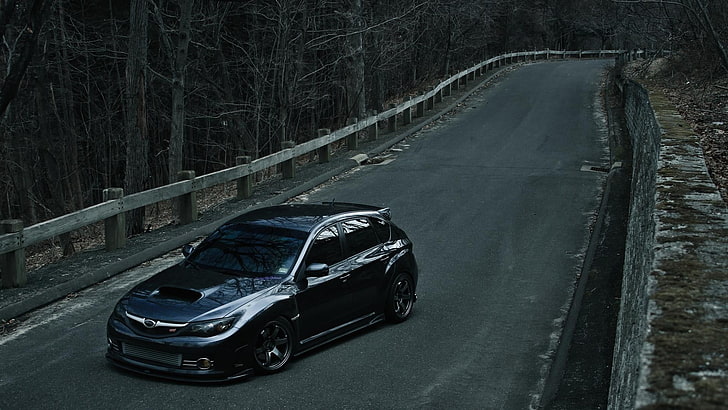 black 5-door hatchback, Subaru, Subaru Impreza, car, sports car, road, WRX STI, forest, HD wallpaper