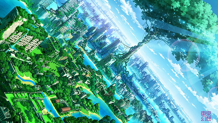 ilustracja miasta, budynki pokryte drzewami i mchem ilustracja krajobrazowa, anime, grafika, sztuka fantasy, miasto, przyroda, pejzaż miejski, drzewa, Tapety HD