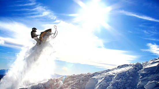 motoslitta bianca e marrone, motoslitta, montagne, skidoo, neve, salto, cielo, Sfondo HD HD wallpaper
