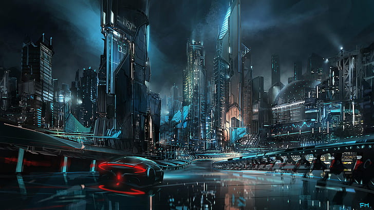 digitale, arte digitale, opere d'arte, futuristico, città futuristica, veicolo, auto, supercar, riflessione, buio, neon, luci, luci al neon, città, paesaggio, paesaggio urbano, blu, rosso, torre, architettura, costruzione, grattacielo, fantascienza,cyber, cyberpunk, Dark Cyberpunk, notte, Sfondo HD