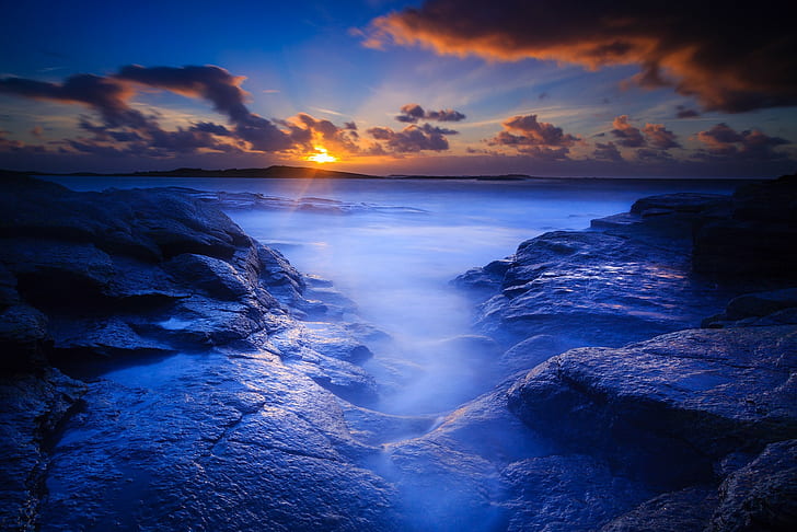 Puesta de sol, rocas, mar, puesta de sol, rocas, mar, Fondo de pantalla HD