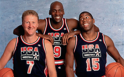Michael Jordan y Larry Bird, hombres, deportes, baloncesto, Michael Jordan, leyenda, Larry Bird, Magic Johnson, Estados Unidos, sonriendo, Fondo de pantalla HD HD wallpaper