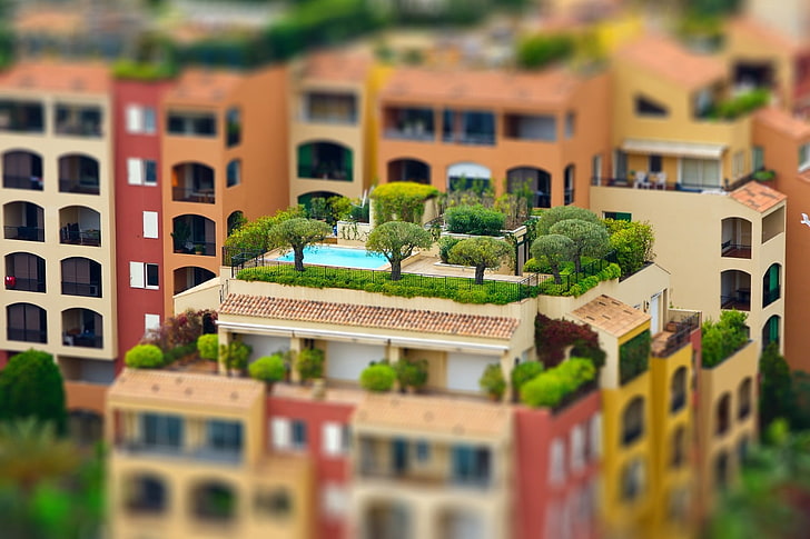 brown and red building scale model, brown concrete buildings, house, tilt shift, town, trees, rooftops, arch, window, colorful, swimming pool, Architecture models, HD wallpaper