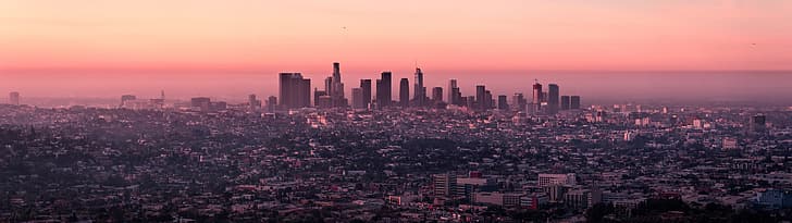 город, Лос-Анджелес, Калифорния, США, закат, небо, здание, широкий угол, HD обои