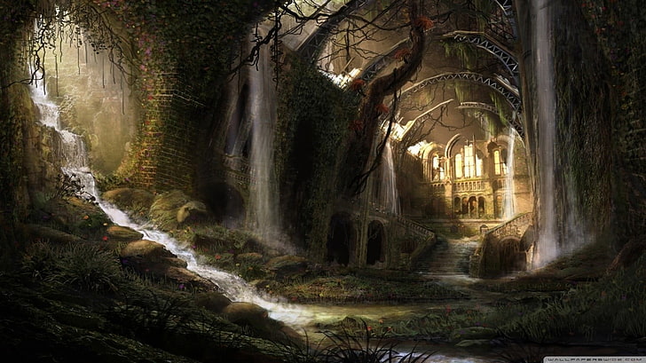 cave illustration, abandoned, waterfall, ruin, flowers, green, stairs, brown, ruins, fantasy art, HD wallpaper