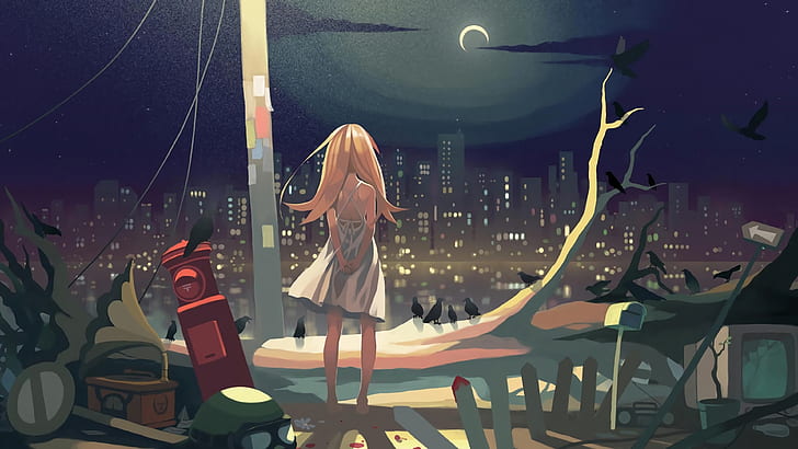 Monogatari-Serie, Oshino Shinobu, Vofan, Anime-Mädchen, Mond, Blondine, Nachthimmel, HD-Hintergrundbild