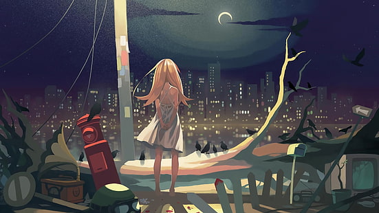 Monogatari-Serie, Oshino Shinobu, Vofan, Anime-Mädchen, Mond, Blondine, Nachthimmel, HD-Hintergrundbild HD wallpaper