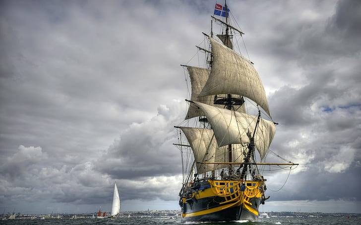 flag, clouds, sailing ship, cityscape, ship, HDR, yachts, sea, water, horizon, HD wallpaper