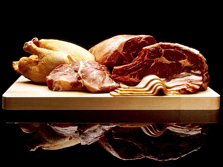 raw meat, meat, allsorts, hen, beef, pork, board, HD wallpaper