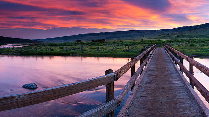 brown wooden dock bridge, nature, landscape, bridge, sunset, clouds, water, stone, cabin, grass, wood, Wyoming, USA, HD wallpaper