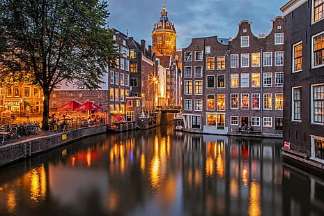 здания, дома, вечер, Амстердам, канал, Нидерланды, набережная, уличное кафе, Де Валлен, HD обои HD wallpaper