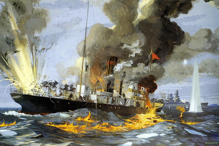 Peinture titanique, mer, feu, flamme, guerre, fumée, huile, explosions, image, bataille, bateau à vapeur, toile, croiseur, allemand, lourd, brise-glace, 