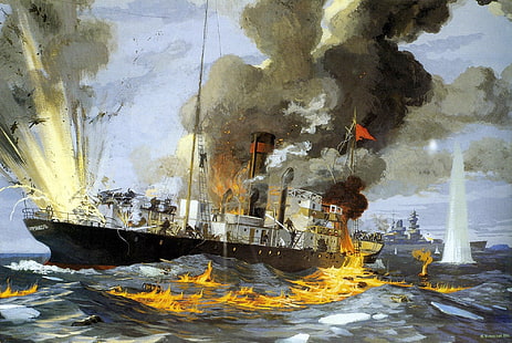 Pintura titânica, mar, fogo, chama, guerra, fumaça, óleo, explosões, quadro, batalha, navio, lona, ​​cruzador, alemão, pesado, quebra-gelo, 
