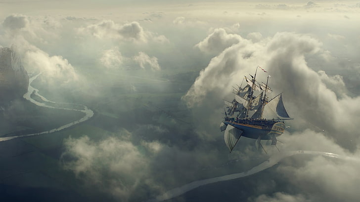 бял и сив пиратски кораб, летящ на небето илюстрация, ветроход, произведения на изкуството, концептуално изкуство, фентъзи изкуство, дирижабли, HD тапет