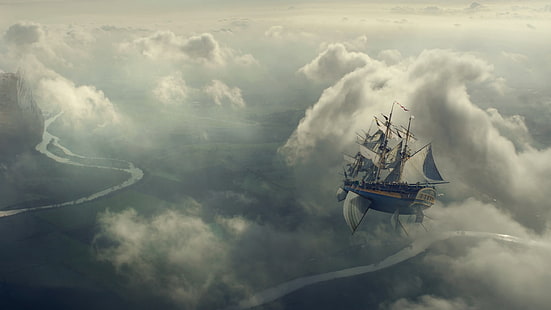 gökyüzü illüstrasyon üzerinde uçan beyaz ve gri korsan gemisi, yelkenli gemi, resmi, konsept sanat, fantezi sanat, airships, HD masaüstü duvar kağıdı HD wallpaper