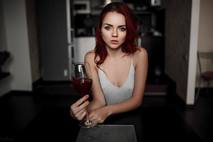 girl, glass, long hair, dress, photo, photographer, wine, blue eyes, model, bokeh, lips, face, redhead, portrait, mouth, wavy hair, strap, looking at camera, depth of field, bare shoulders, looking at viewer, glass of wine, Ivan Proskurin, Ekaterina Sherzhukova, HD wallpaper