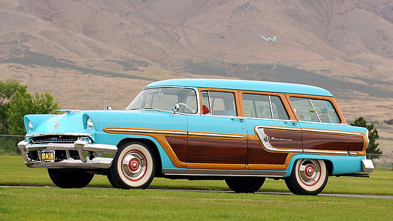 niebiesko-brązowy kombi, rtęć monterey, samochód rodzinny, widok z boku, retro, Tapety HD HD wallpaper