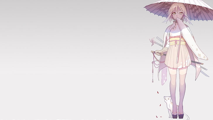 esquisse de femme tenant un parapluie, Kagamine Rin, anime girls, blonde, cheveux courts, ornement de cheveux, yeux jaunes, vêtements japonais, jupe, gants, arme, épée, katana, bas de cuisse, pétales de fleurs, animaux, chat, fond simple,fond gris, parapluie, Vocaloid, Fond d'écran HD