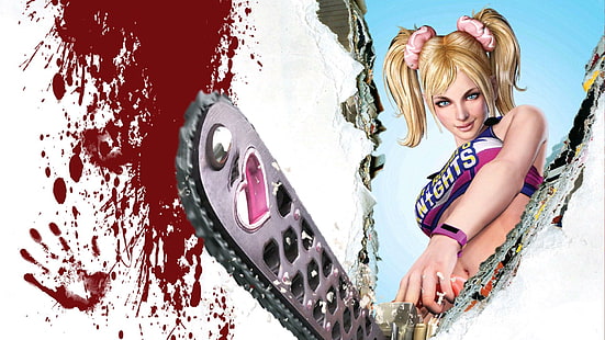 Lollipop Chainsaw, yellow haired woman holding chainsaw illustration, chainsaw, lollipop, HD wallpaper HD wallpaper