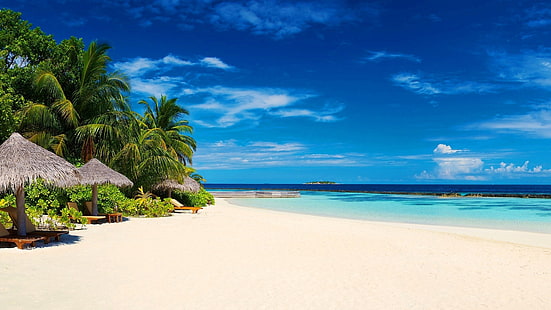 Tres cabañas de playa, paisaje, tropical, playa, Fondo de pantalla HD HD wallpaper