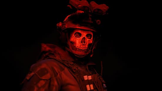 Call of Duty: Modern Warfare II, Call of Duty, hantu, Call of Duty: Hantu, prajurit, tengkorak, karakter video game, lampu merah, latar belakang sederhana, Wallpaper HD HD wallpaper