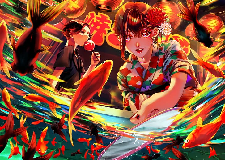 Anime, chicas anime, kimono, kimono japonés, pez, uñas rojas, ojos rojos,  Fondo de pantalla HD | Wallpaperbetter