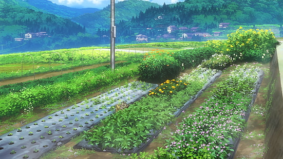 Non Non Biyori, paisaje, anime, plantas, Fondo de pantalla HD HD wallpaper