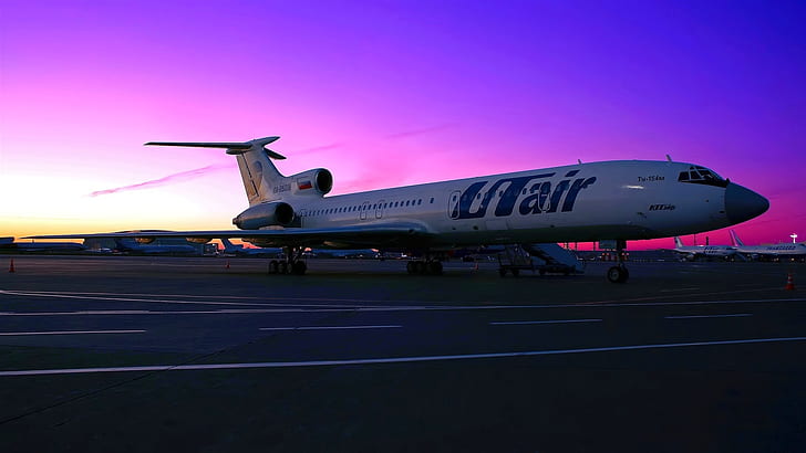 Aviones Tupolev Tu-154, aeropuerto de pasajeros, puesta de sol, Tupolev, Aviones, Pasajeros, Aeropuerto, Puesta de sol, Fondo de pantalla HD