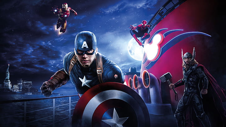 iron man, spiderman, thor, captain america, superheroes, hd, 4k, 5k, 8k, artwork, digital art, disneyland, HD wallpaper