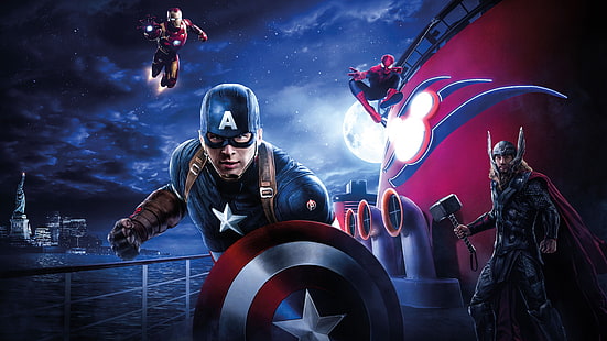 Iron Man, Spiderman, Thor, Capitán América, superhéroes, HD, 4k, 5k, 8k, obra de arte, arte digital, Disneyland, Fondo de pantalla HD HD wallpaper