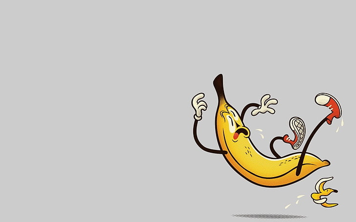 приплъзване на банан върху кора от банан, минимализъм, прост фон, хумор, банани, HD тапет