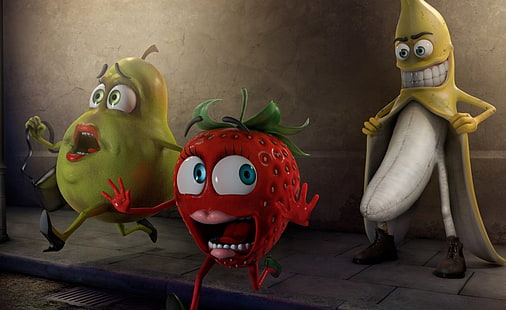 illustrazione di personaggi dei cartoni animati, umorismo, divertente, banana, CGI, cartone animato, pera, fragola, Sfondo HD HD wallpaper