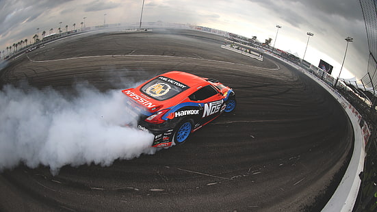 red and blue racing car, smoke, skid, drift, Nissan, 370z, slide, HD wallpaper HD wallpaper