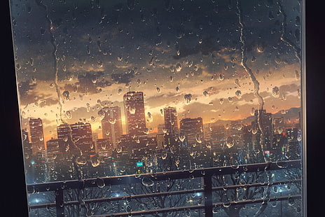 Аниме, оригинал, град, дъжд, прозорец, HD тапет HD wallpaper