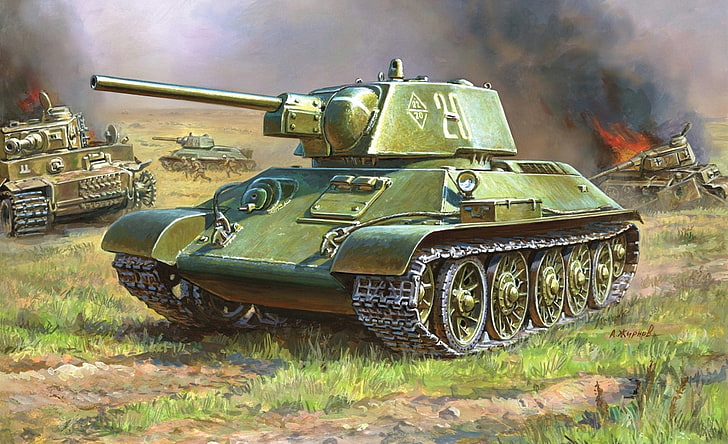 green war tank painting, figure, tank, Soviet, average, T-34-76, The great Patriotic war, HD wallpaper