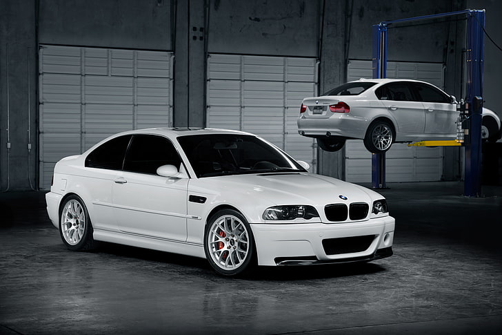 white BMW sedan, white, BMW, workshop, lift, e46, HD wallpaper